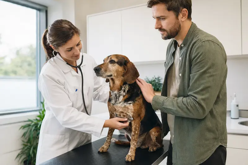 Ein ruhiger Jura Laufhund wird in einer modernen Tierarztpraxis behutsam mit dem Stethoskop untersucht, während seine Besitzerin beruhigend danebensteht.