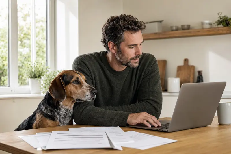 Ein Jura Laufhund sitzt ruhig neben seinem Besitzer am Küchentisch, während Versicherungsunterlagen und ein Laptop mit Vergleichsseite auf dem Tisch liegen.