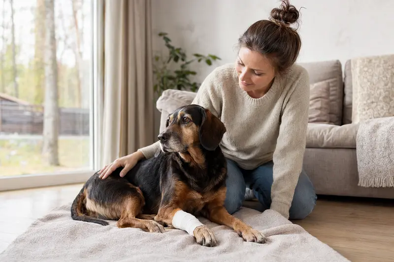 Jura Laufhund Bruno liegt mit leicht bandagierter Pfote ruhig auf einer Decke, während sein erleichterter Besitzer neben ihm sitzt.