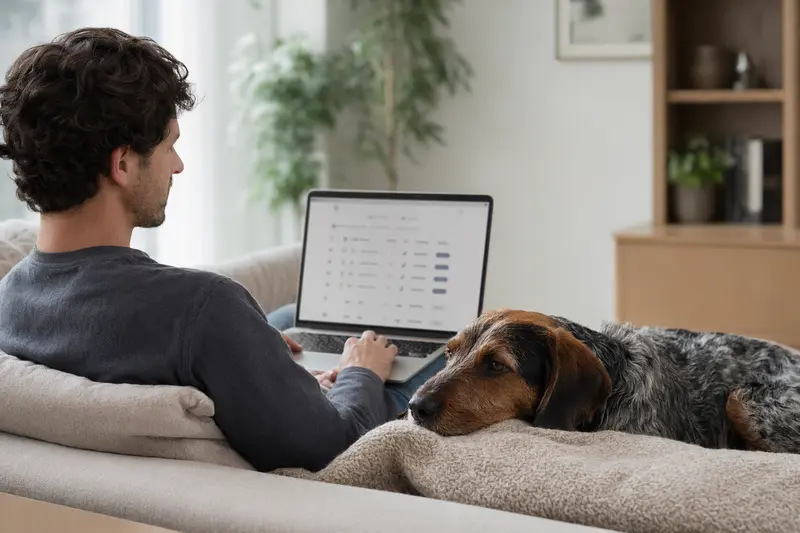 Ein Hund und sein Besitzer vergleichen bessere Tierversicherungsoptionen am Laptop auf dem Sofa.