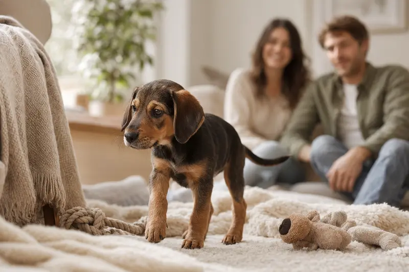 Ein junger Jura Laufhund-Welpe entdeckt neugierig sein neues Zuhause in einer hellen Wohnung mit weicher Decke und Spielzeug im Vordergrund.