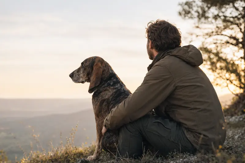 Ein aufmerksamer Jura Typ St. Hubert Laufhund steht in natürlicher Haltung vor hellem Hintergrund.