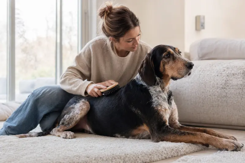 Ein Jura Typ St. Hubert Laufhund wird zuhause von seinem Besitzer sanft gebürstet und gepflegt.