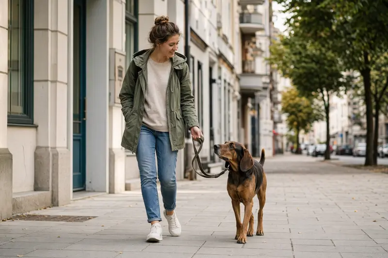 Ein Jura Typ St. Hubert Laufhund läuft angeleint mit seinem Besitzer entspannt durch eine moderne Stadtstraße.