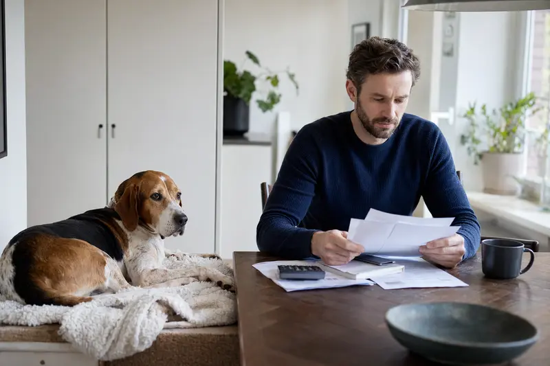 Ein Hundebesitzer sitzt ruhig am Tisch mit einer Tierarztrechnung, während sein Jura Typ St. Hubert Laufhund entspannt auf einer Decke liegt.
