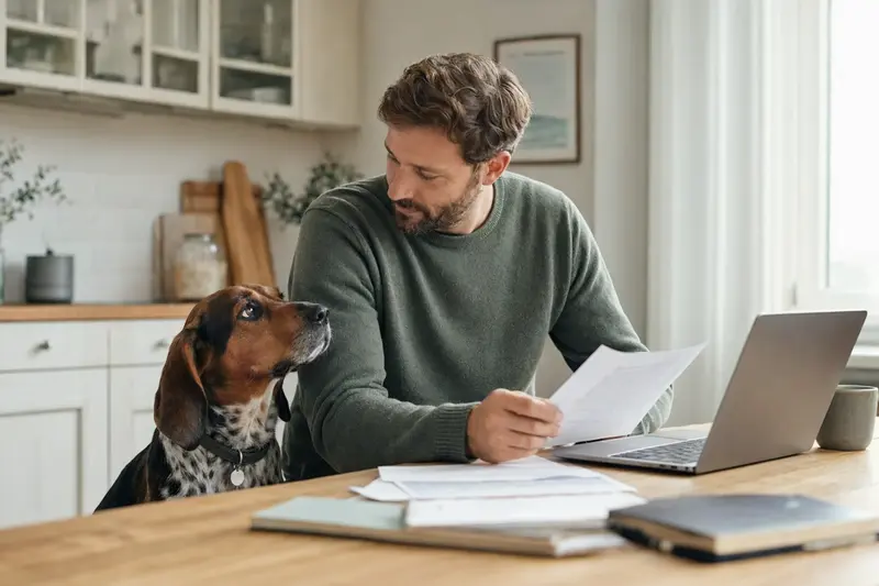 Ein Jura Typ St. Hubert Laufhund sitzt entspannt neben seinem Besitzer am Küchentisch mit Versicherungsunterlagen und Laptop.