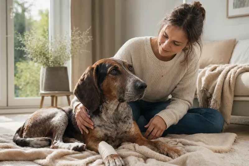 Ein Jura Typ St. Hubert Laufhund mit einem Verband an der Pfote liegt ruhig auf einer Decke, während sein Besitzer erleichtert an seiner Seite sitzt.