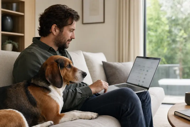 Ein Hundebesitzer sitzt mit einem Laptop auf dem Sofa, neben ihm liegt ein Jura Typ St. Hubert Laufhund, während eine Versicherungsvergleichs-Oberfläche auf dem Bildschirm angezeigt wird.