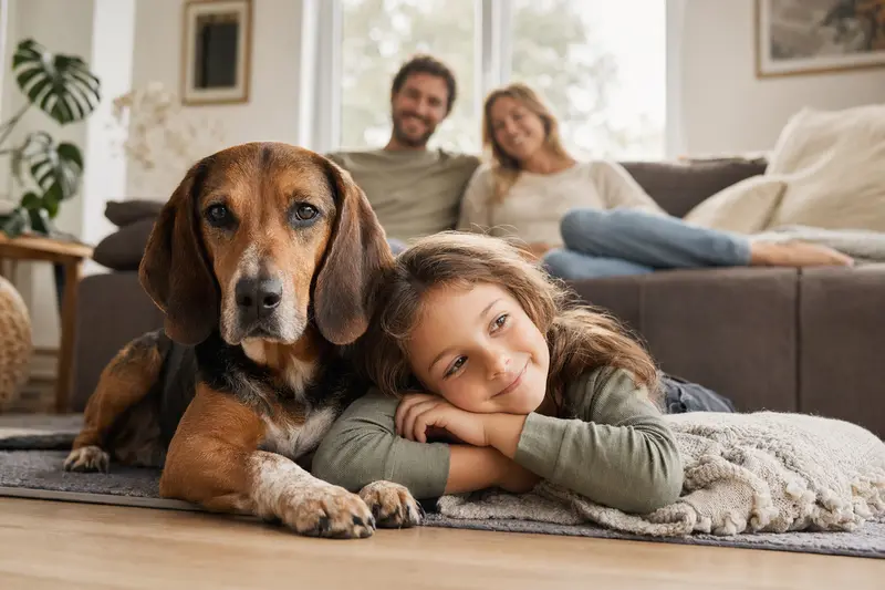 Ein freundlicher Kärntner Bracke liegt entspannt neben einem Kind im Wohnzimmer, während die Eltern im Hintergrund eine sichere Familienatmosphäre schaffen.