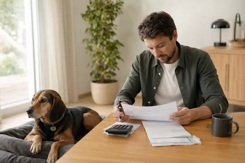 Ein Hundebesitzer sitzt mit einer Tierarztrechnung am Tisch, während eine entspannte Kärntner Bracke auf einer Decke daneben liegt und das Thema Tierarztkosten für die Hunderversicherung ruhig veranschaulicht.