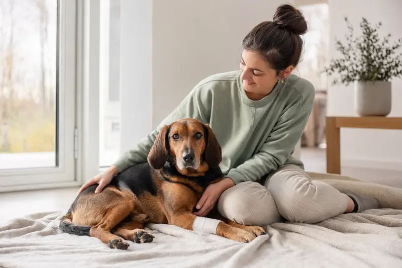 Ein Kärntner Bracke Hund mit Verband an der Pfote liegt entspannt auf einer Decke, während sein Besitzer beruhigt neben ihm sitzt.