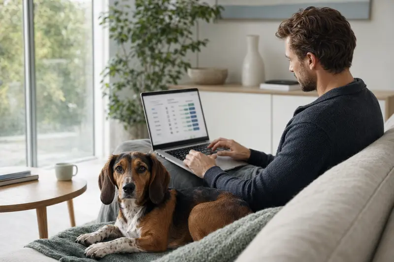 Ein Besitzer sitzt mit einem Laptop auf dem Sofa, während ein Kärntner Bracke Hund neben ihm liegt.