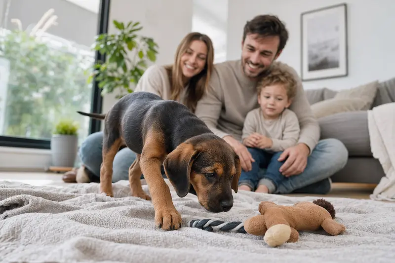 Ein neugieriger Kärntner Bracke Welpe entdeckt neugierig sein neues Zuhause, umgeben von einer liebevollen Familie.