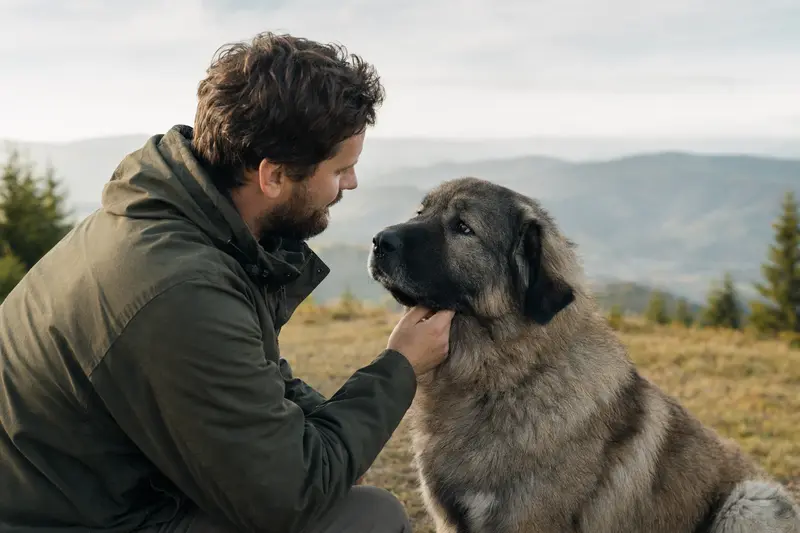 Ein Kafkas Hund steht aufmerksam vor hellem Hintergrund in natürlicher Haltung und zeigt typische Merkmale der Rasse.