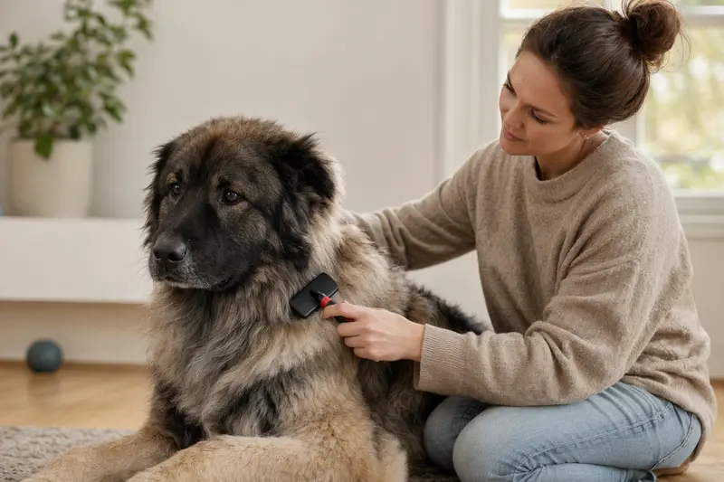 Ein Kafkas-Hund wird zuhause liebevoll gebürstet, was die sorgfältige Fellpflege und verantwortungsvolle Hundegesundheit unterstreicht.