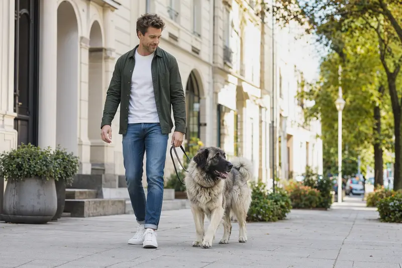 Ein Kafkas-Hund läuft an der Leine mit seinem Besitzer durch eine moderne Stadtstraße.