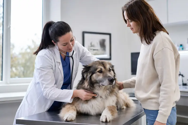 Ein ruhiger Kars-Hund auf dem Untersuchungstisch wird von einer freundlichen Tierärztin mit einem Stethoskop behutsam untersucht.