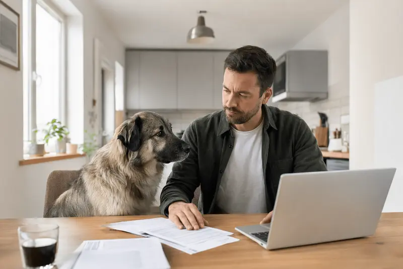 Ein ruhiger Kars-Hund sitzt neben seinem Besitzer am Küchentisch, auf dem Versicherungsunterlagen und ein Laptop liegen.