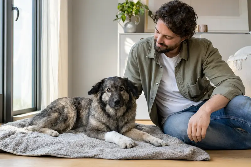Ein Hund mit leichtem Verband liegt auf einer Decke, während sein Besitzer erleichtert daneben sitzt.