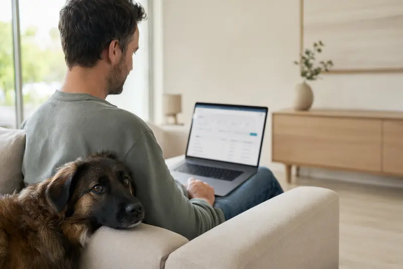 Ein Hundehalter sitzt entspannt mit einem Laptop auf dem Sofa, während sein Hund neben ihm liegt und sie sich über Versicherungen informieren.