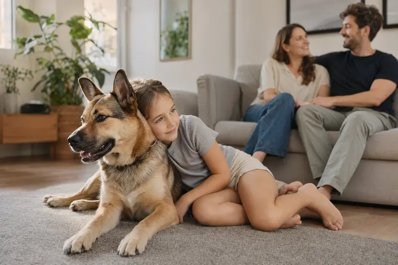 Ein freundlicher Kai Inu Hund liegt entspannt neben einem Kind im hellen Wohnzimmer, während die Eltern im Hintergrund für eine sichere Familienatmosphäre sorgen.