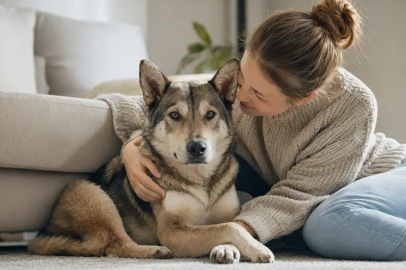 Ein aufmerksamer Kai Inu Hund steht in natürlicher Haltung vor hellem Hintergrund.