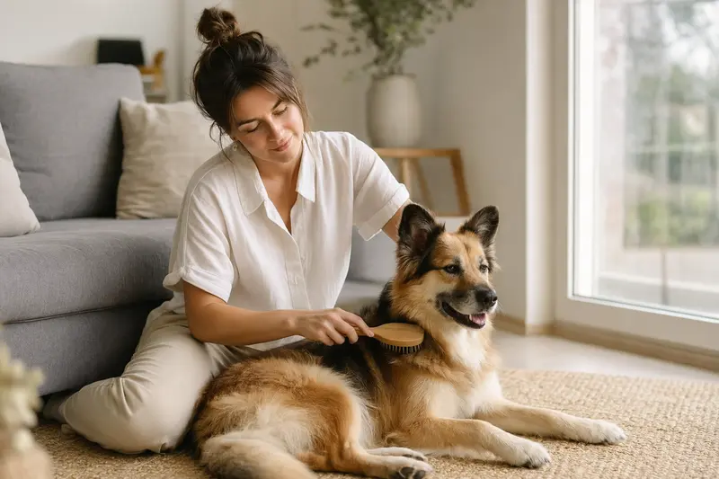 Ein Kai Inu Hund wird in einer hellen Wohnung liebevoll gebürstet, während der Besitzer die Fellpflege ruhig und sorgfältig übernimmt.