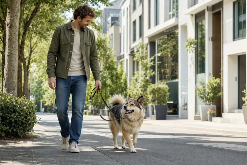 Ein Kai Inu Hund läuft entspannt an der Leine mit seinem Besitzer durch eine moderne Stadtstraße.