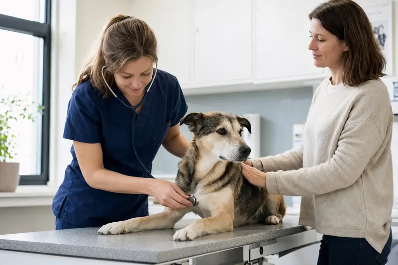 Ein ruhiger Kai Inu Hund wird von einer freundlichen Tierärztin mit Stethoskop in einer modernen Tierarztpraxis untersucht.