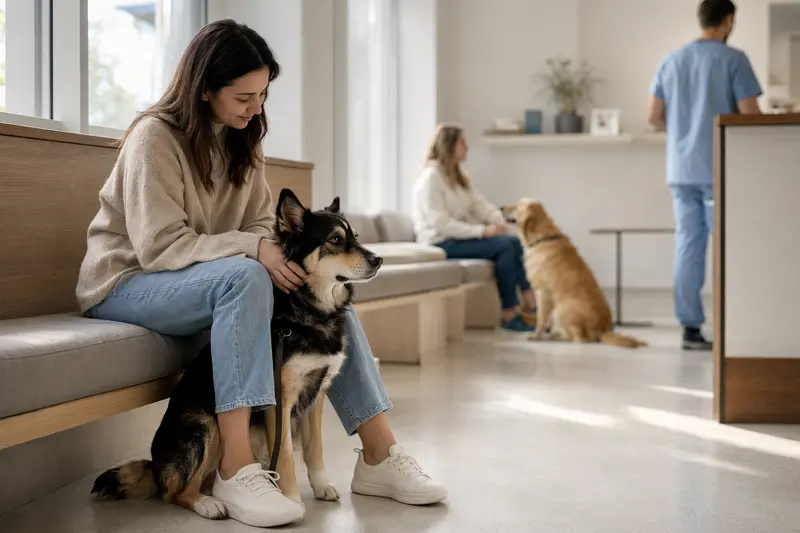 Kai Inu Hund sitzt ruhig neben seinem Besitzer im hellen Wartezimmer einer modernen Tierarztpraxis.