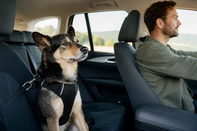 Ein Kai Inu Hund sitzt sicher angeschnallt auf der Rückbank eines Autos und genießt die Fahrt bei Sonnenlicht.