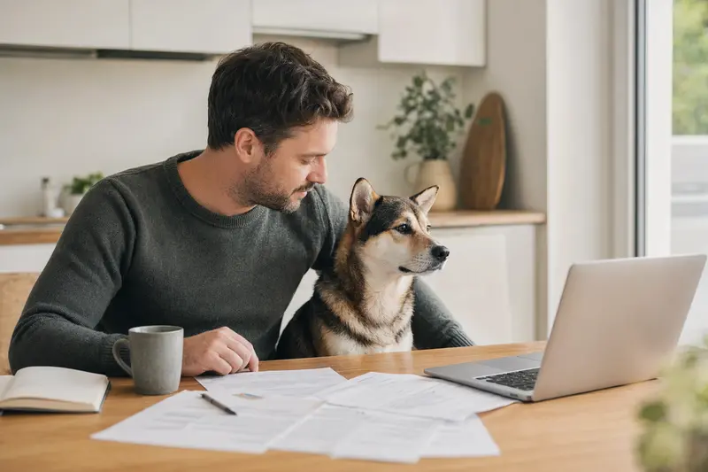 Ein ruhiger Kai Inu Hund sitzt neben seinem Besitzer am Küchentisch, umgeben von Versicherungsunterlagen.