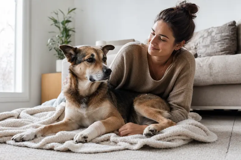 Ein Kai Inu Hund mit einem kurzen Verband an der Pfote liegt entspannt neben seinem Besitzer in einer hellen Wohnung.