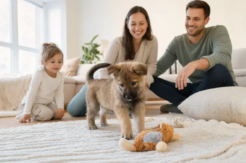 Ein neugieriger Kai Inu Welpe erkundet sein neues Zuhause mit einer weichen Decke und Spielzeug, während die liebevolle Familie im Hintergrund zu sehen ist.