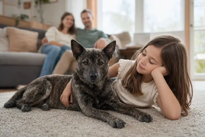 Ein freundlicher Kai Ken Hund liegt entspannt neben einem Kind im hellen Wohnzimmer, während die Eltern im Hintergrund eine sichere Familienatmosphäre schaffen.