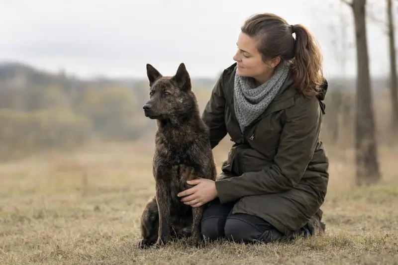 Ein aufmerksam stehender Kai Ken Hund in natürlicher Haltung vor hellem, neutralem Hintergrund.