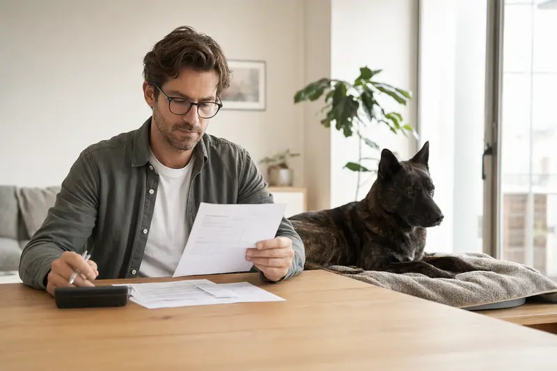 Ein Hundehalter sitzt mit einer Tierarztrechnung am Tisch, während ein entspannter Kai Ken auf einer Decke liegt und die Situation rund um Tierarztkosten ruhig wirkt.