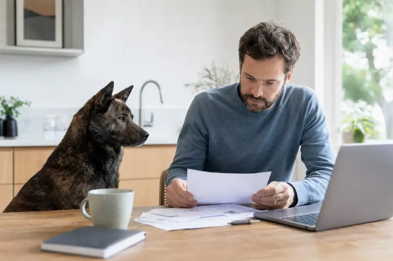 Ein Kai Ken Hund sitzt ruhig neben seinem Besitzer am Küchentisch, während Versicherungsunterlagen und ein Laptop liegen.