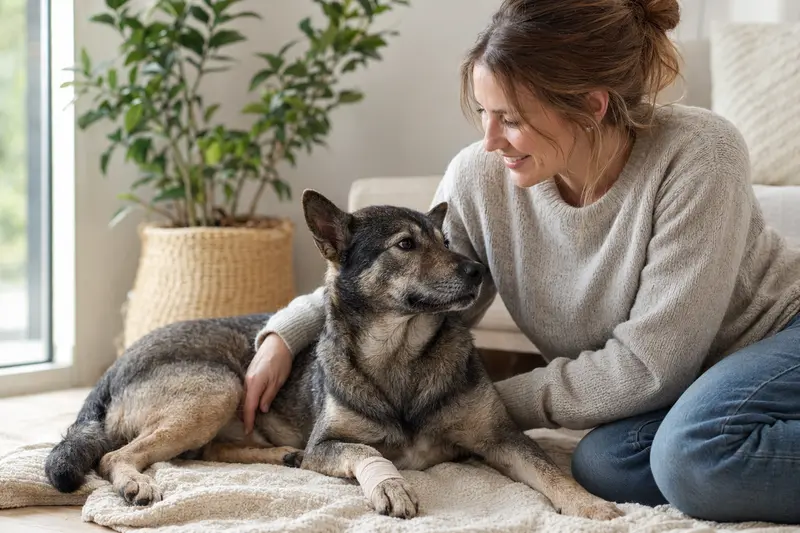 Ein Kai Ken Hund mit Verband entspannt auf einer Decke neben seinem erleichterten Besitzer in einer hellen Wohnung.