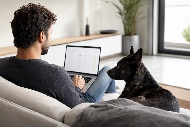 Ein Hundebesitzer sitzt mit einem Laptop auf dem Sofa, während sein Kai Ken Hund neben ihm ist.