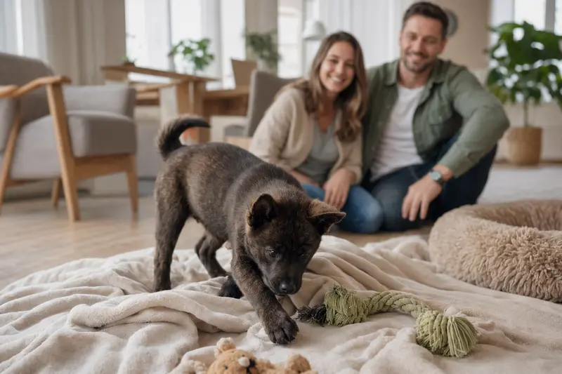 Ein neugieriger Kai Ken Welpe erkundet sein neues Zuhause mit einer weichen Decke und Spielzeug, während eine liebevolle Familie im Hintergrund zu sehen ist.