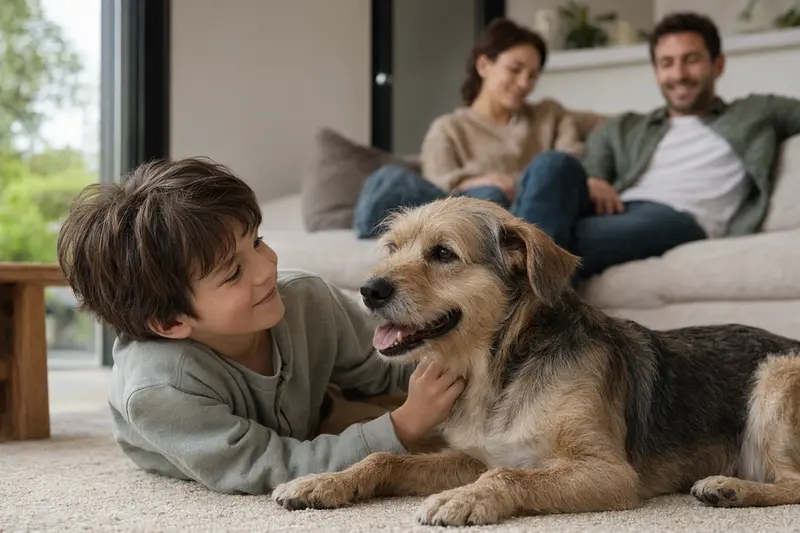 Ein freundlicher Kaikadi Hund liegt entspannt neben einem Kind im Wohnzimmer, während die Eltern im Hintergrund eine sichere Familienatmosphäre schaffen.