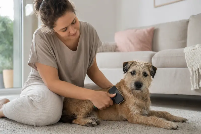 Ein Kaikadi Hund wird in einer hellen Wohnung sanft gebürstet, während sein Besitzer liebevoll die Fellpflege übernimmt.