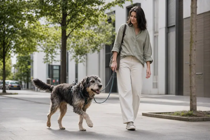 Ein Kaikadi Hund läuft an der Leine mit seinem Besitzer durch eine moderne Stadtstraße.