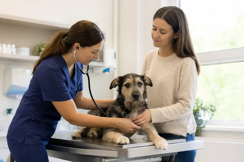 Ein ruhiger Kaikadi Hund wird von einer freundlichen Tierärztin in einer modernen Praxis mit einem Stethoskop untersucht, während der Besitzer beruhigend daneben steht.