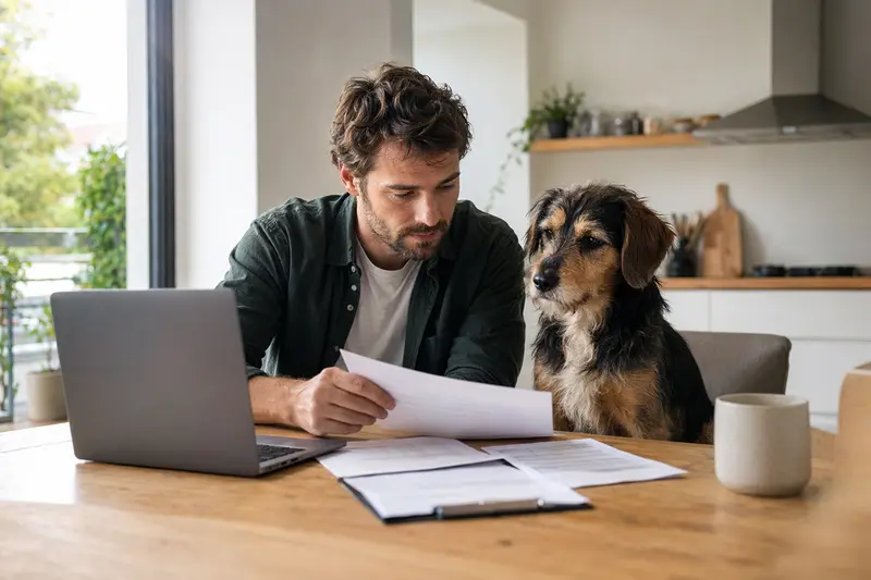 Ein Kaikadi Hund sitzt entspannt neben seinem Besitzer am Küchentisch, während Versicherungsunterlagen und ein Laptop mit Vergleichsseite auf dem Tisch liegen.