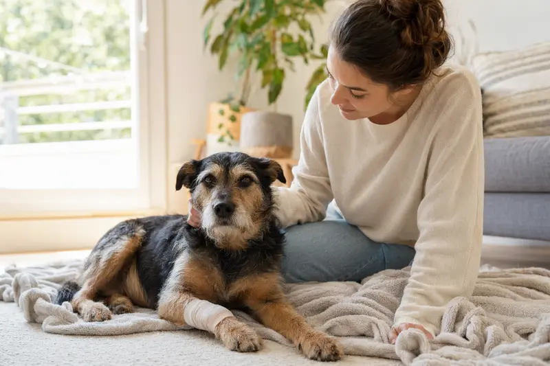 Ein Kaikadi Hund mit leichtem Verband an der Pfote liegt ruhig auf einer Decke, während sein erleichterter Besitzer neben ihm sitzt.
