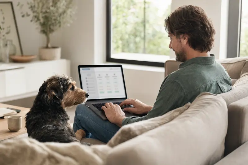 Ein Hundebesitzer sitzt mit einem Laptop auf dem Sofa, während ein Kaikadi Hund neben ihm liegt und eine neutral wirkende Versicherungsvergleichsseite auf dem Bildschirm angezeigt wird.