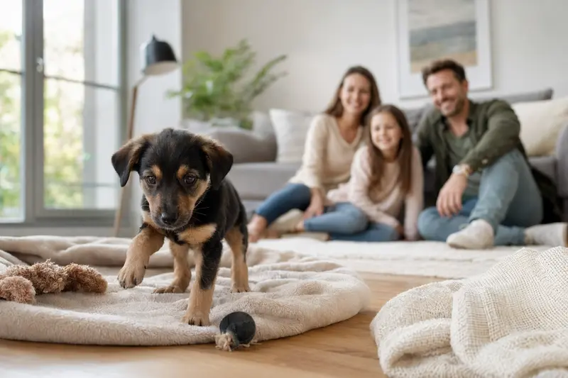 Ein neugieriger Kaikadi Welpe erkundet mit Freude sein neues Zuhause, umgeben von einer liebevollen Familie und weichen Spielzeugen.