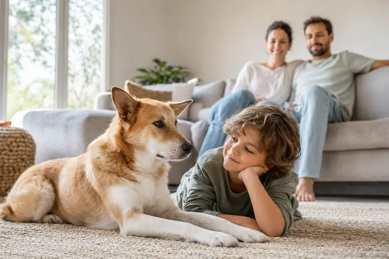 Ein entspannter Kanaanhund liegt neben einem Kind im hellen Wohnzimmer, während die Eltern im Hintergrund für eine sichere Familienatmosphäre sorgen.